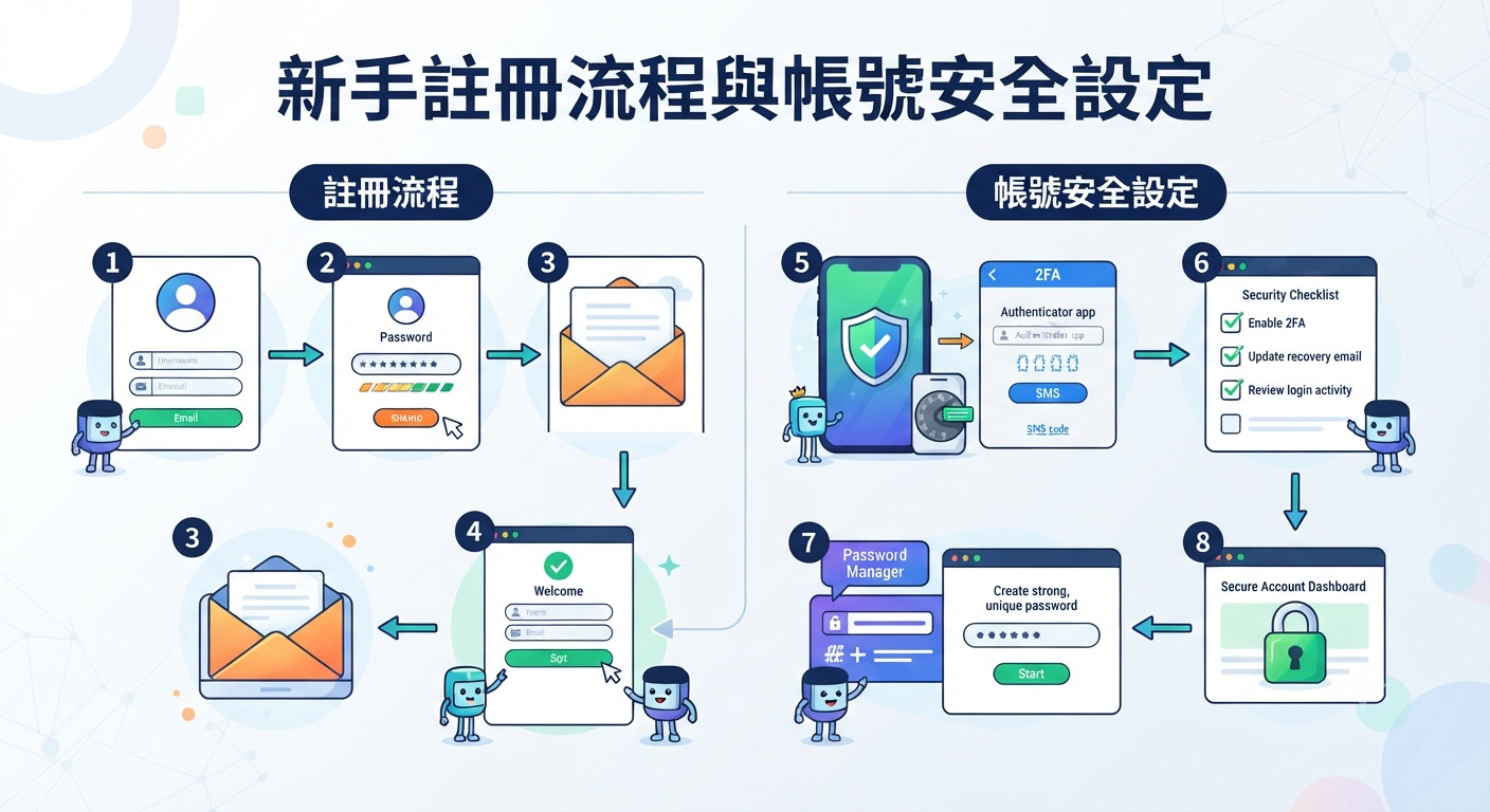 這張圖片展示了新手註冊流程與帳號安全設定的圖解。 內容包含步驟指引、密碼管理以及雙重認證等資訊安全圖示。